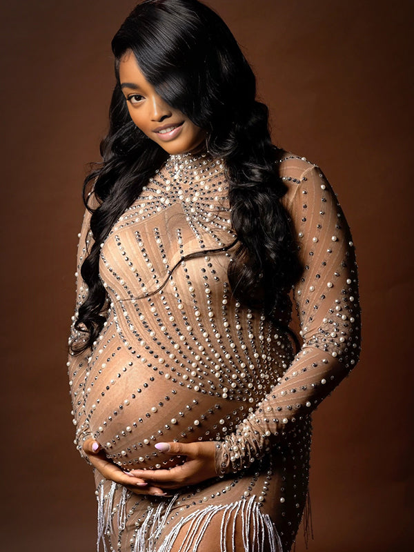 Momnfancy Mesh Pearl Diamond Tassel Sheer Bodycon Irregular Long Sleeve Party Cocktail Maternity Mini Dress