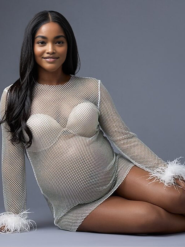 Momnfancy Feather Splicing Glitter Mesh Sheer Long Sleeve Party Cocktail Maternity Mini Dress