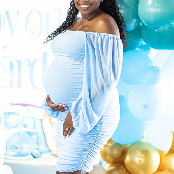 Momnfancy Light Blue Ruched Drawstring Lantern Sleeve U-Neck Bodycon Party Baby Shower Maternity Mini Dress