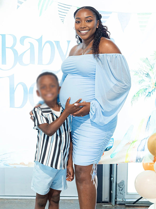 Momnfancy Light Blue Ruched Drawstring Lantern Sleeve U-Neck Bodycon Party Baby Shower Maternity Mini Dress