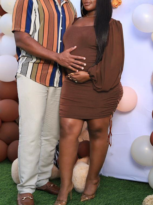 Momnfancy Brown Ruched Drawstring Lantern Sleeve U-Neck Bodycon Party Baby Shower Maternity Mini Dress