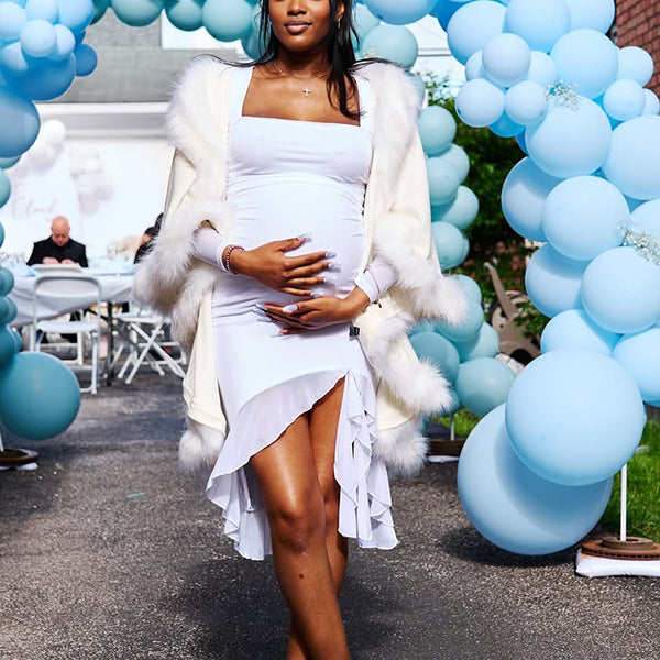 Momnfancy White Ruffle Square Neck Long Sleeve Bodycon Party Baby Shower Maternity Mini Dress