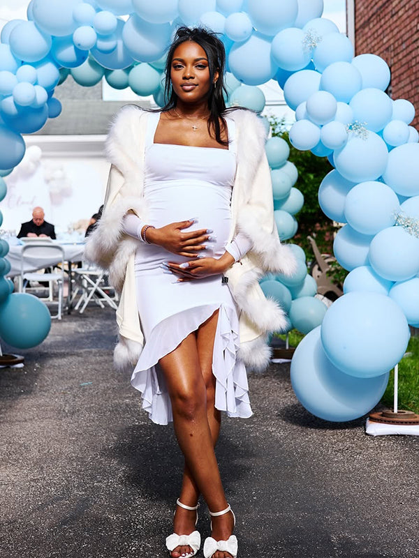 Momnfancy White Ruffle Square Neck Long Sleeve Bodycon Party Baby Shower Maternity Mini Dress