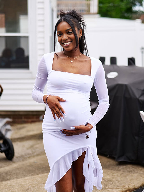 Momnfancy White Ruffle Square Neck Long Sleeve Bodycon Party Baby Shower Maternity Mini Dress