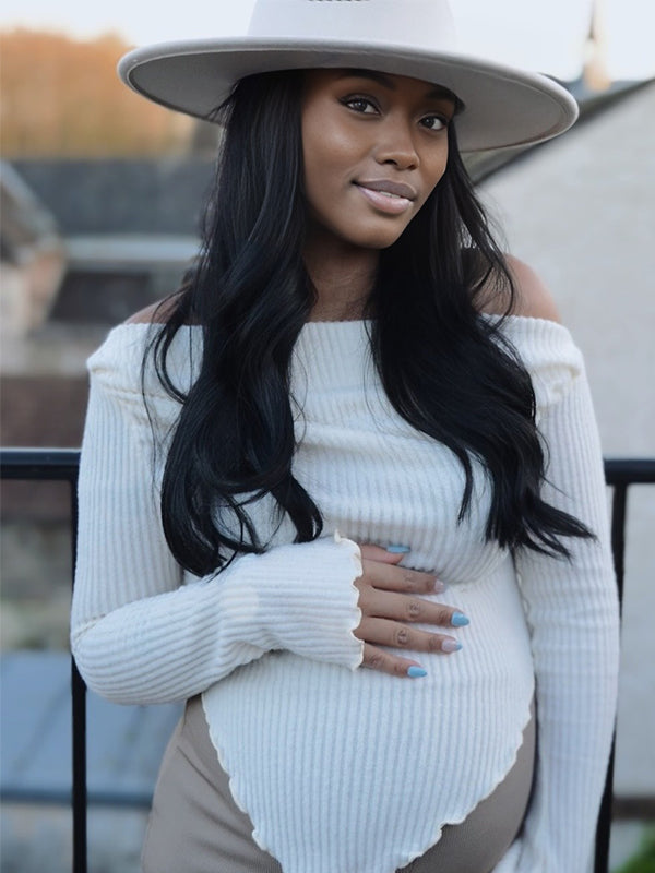 Momnfancy Knitted Boat Neck Bodycon Irregular Photoshoot Maternity Tops