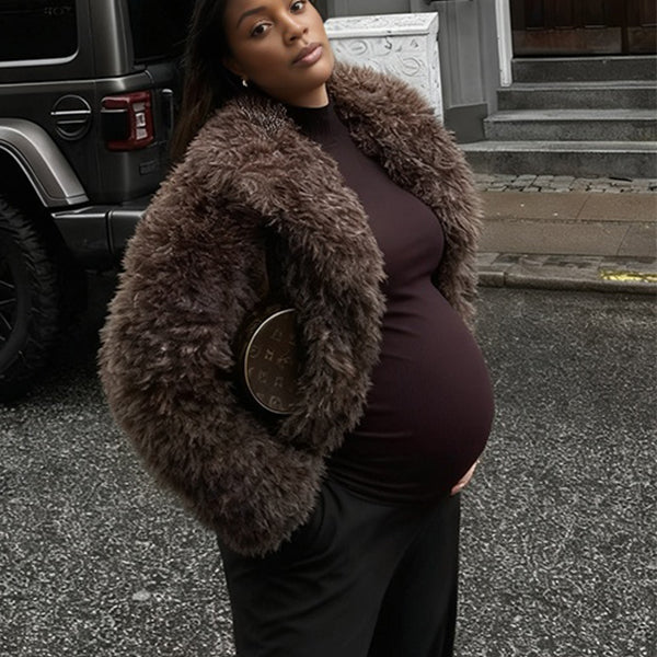 Momnfancy Turndown Collar Faux Fur Vintage Oversized Everyday Maternity Coat