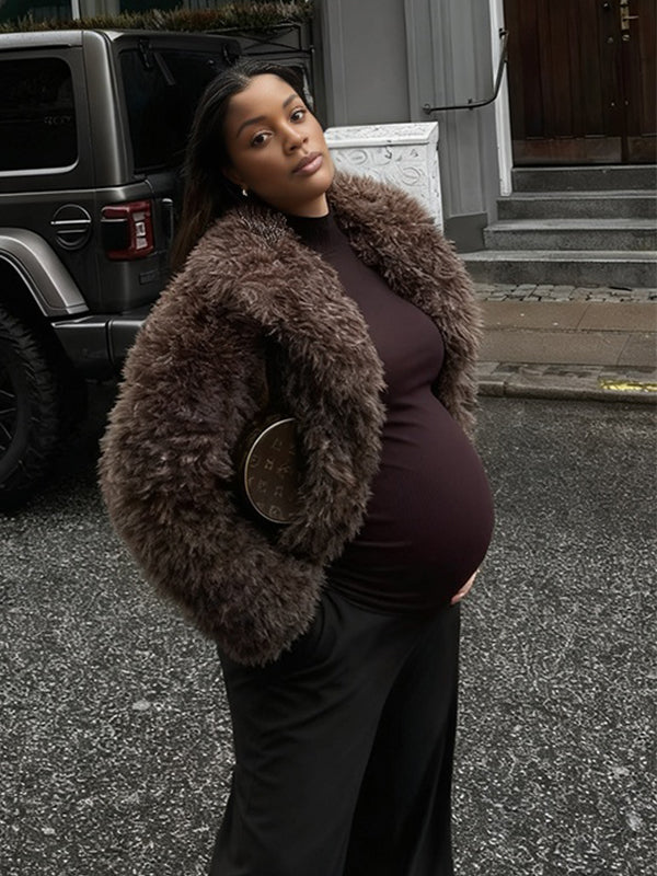 Momnfancy Turndown Collar Faux Fur Vintage Oversized Everyday Maternity Coat