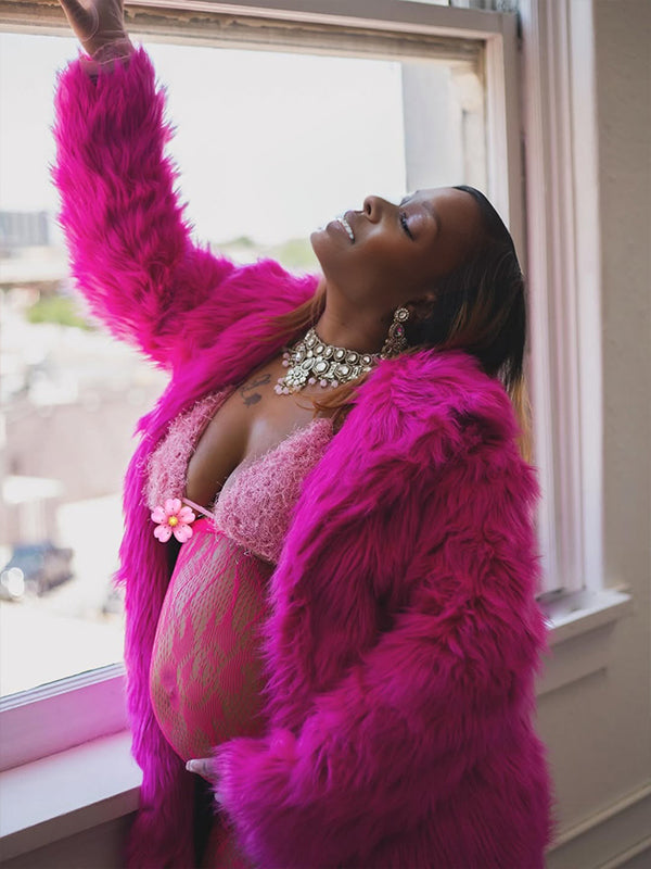 Momnfancy Rose Carmine Fuzzy Tailored Collar Fur Maternity Coat