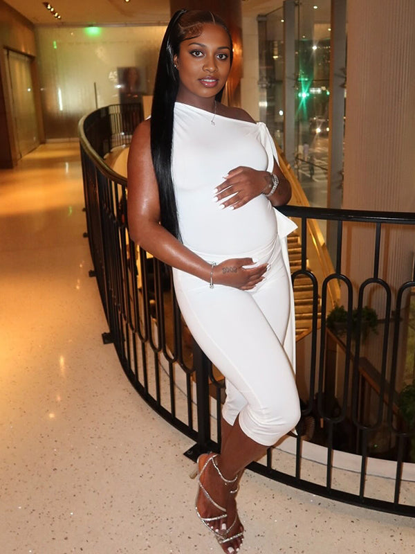 Momnfancy White One Shoulder Draped Bowknot Two Piece Maternity Outfit