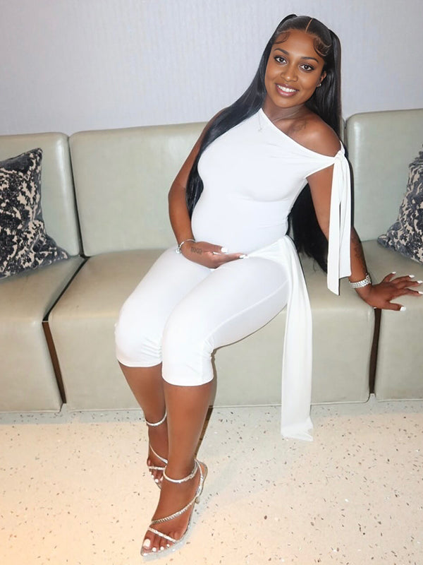 Momnfancy White One Shoulder Draped Bowknot Two Piece Maternity Outfit