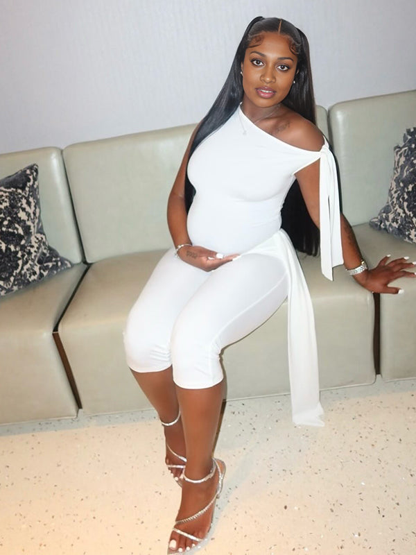 Momnfancy White One Shoulder Draped Bowknot Two Piece Maternity Outfit
