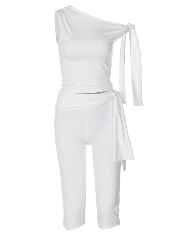 Momnfancy White One Shoulder Draped Bowknot Two Piece Maternity Outfit