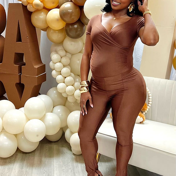 Momnfancy Brown Off Shoulder Skinny Two Piece Outfit Maternity Jumpsuit