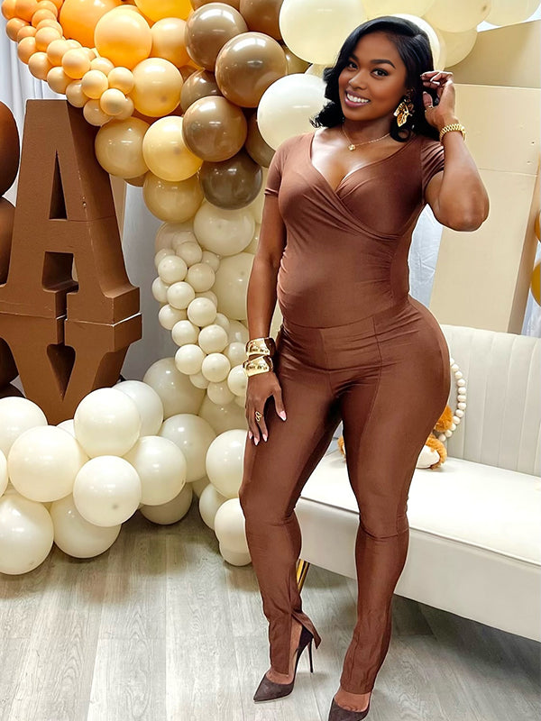 Momnfancy Brown Off Shoulder Skinny Two Piece Outfit Maternity Jumpsuit