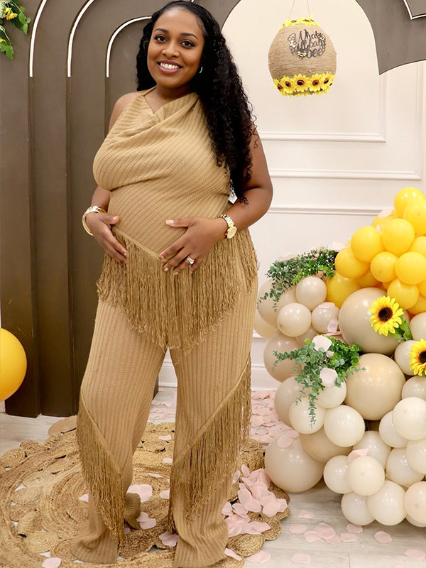 Momnfancy Apricot Tassel Fringe Backless Two Piece Outfit Maternity Jumpsuit