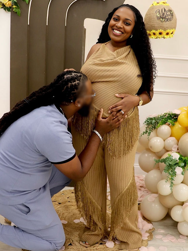 Momnfancy Apricot Tassel Fringe Backless Two Piece Outfit Maternity Jumpsuit