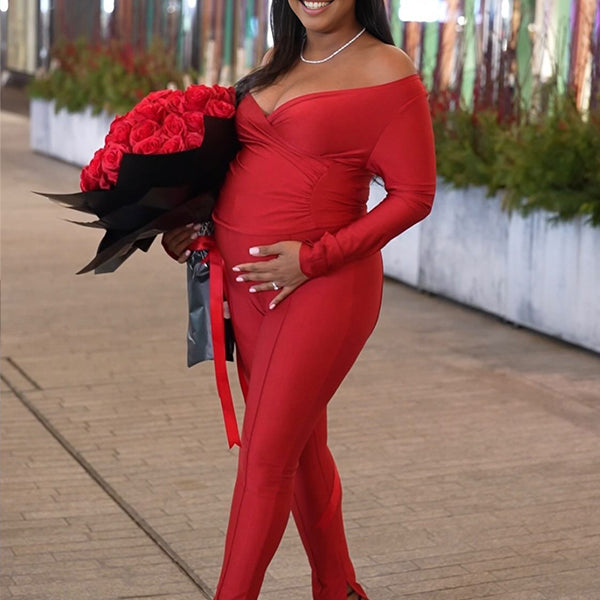 Momnfancy Red Off Shoulder Skinny Two Piece Outfit Maternity Jumpsuit