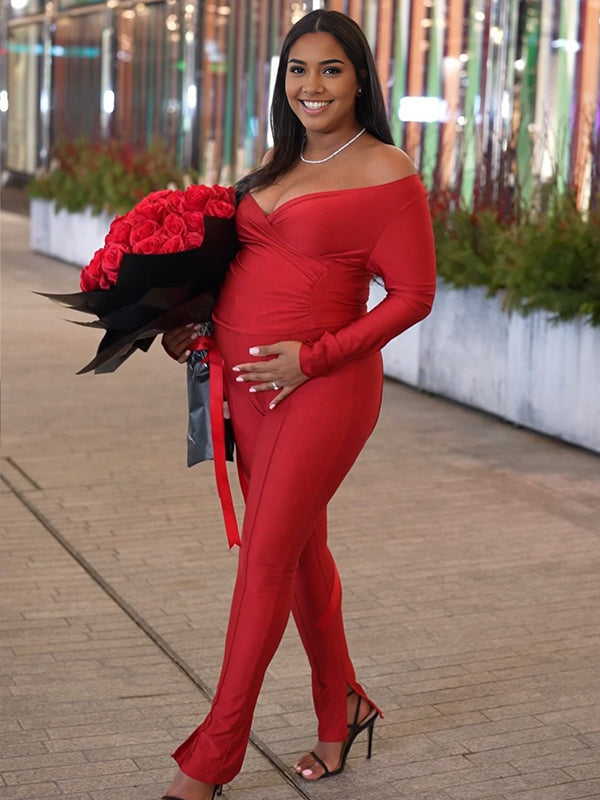 Momnfancy Red Off Shoulder Skinny Two Piece Outfit Maternity Jumpsuit