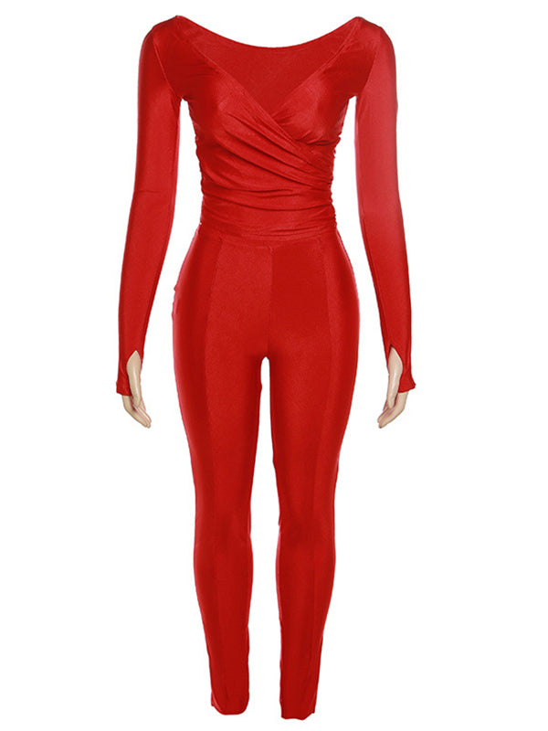 Momnfancy Red Off Shoulder Skinny Two Piece Outfit Maternity Jumpsuit