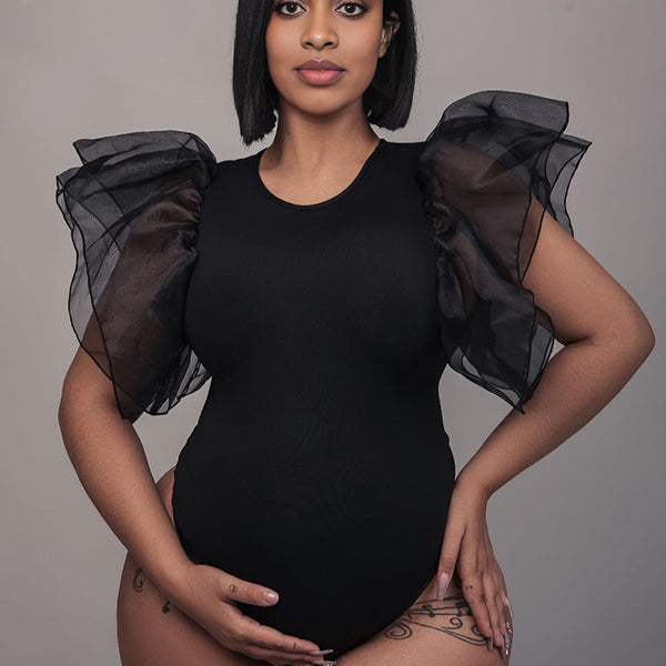 Momnfancy Black Tulle Ruffle Falbala Elegant Maternity Photoshoot Bodysuit