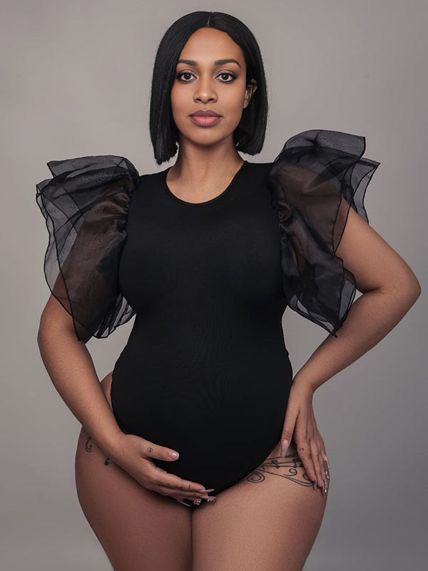 Momnfancy Black Tulle Ruffle Falbala Elegant Maternity Photoshoot Bodysuit