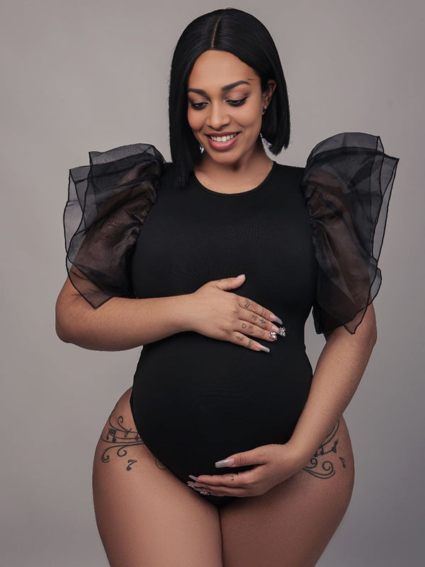 Momnfancy Black Tulle Ruffle Falbala Elegant Maternity Photoshoot Bodysuit