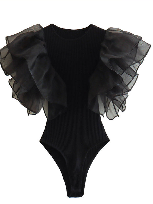 Momnfancy Black Tulle Ruffle Falbala Elegant Maternity Photoshoot Bodysuit