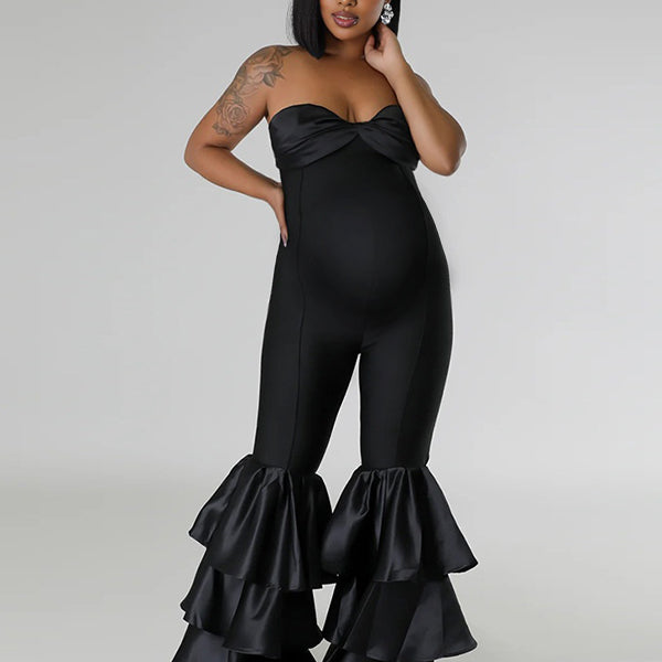 Momnfancy Ruched Floral Tube Top Maternity Jumpsuits