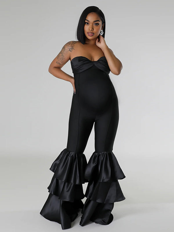 Momnfancy Ruched Floral Tube Top Maternity Jumpsuits