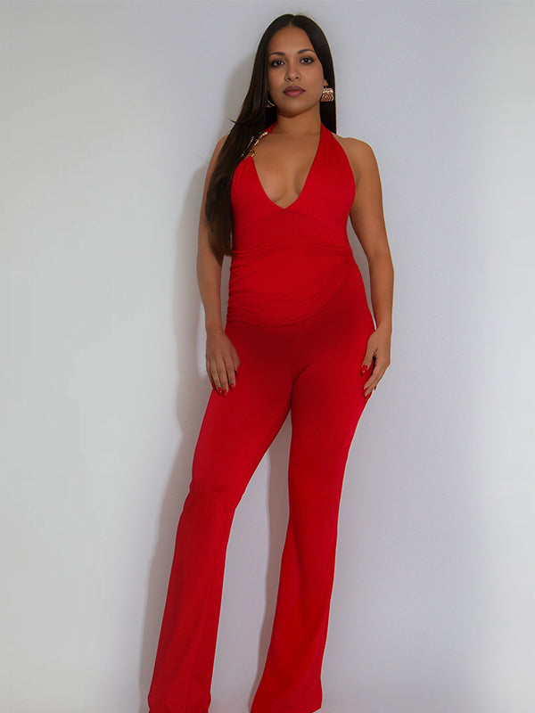 Momnfancy Halter Neck Backless Plunging Neckline Maternity Jumpsuits