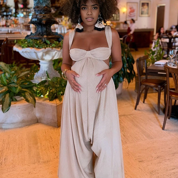 Momnfancy Spaghetti Strap Backless Cut Out Baby Shower Plus Size Wide Leg Long Maternity Jumpsuit