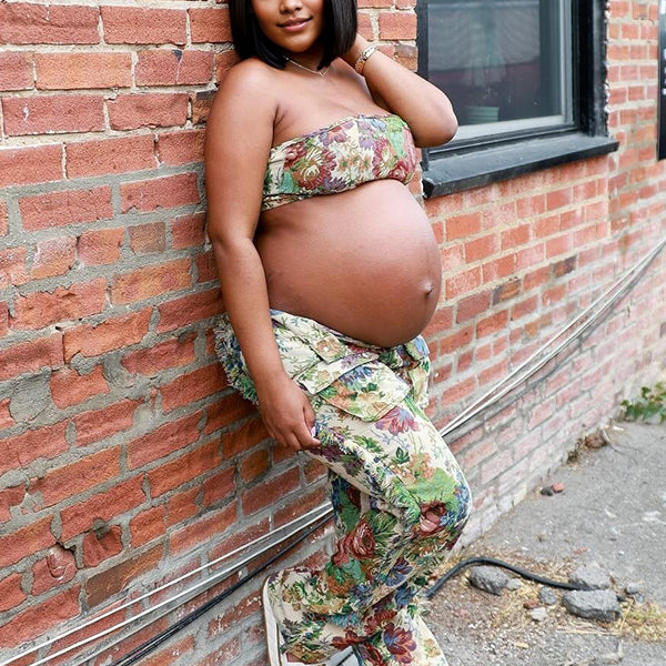 Momnfancy 2-in-1 Print Tube Top Tassel Lace-up Maternity Jeans