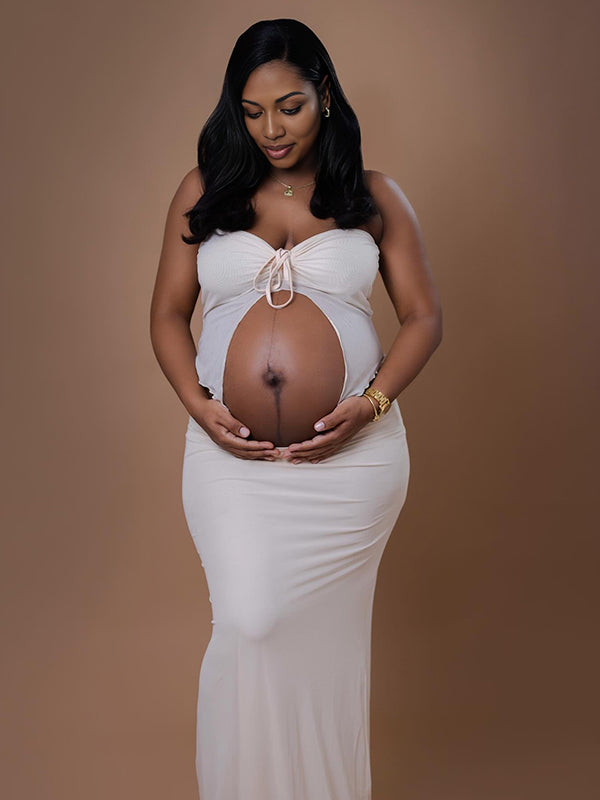 Momnfancy Apricot Lace-up Two Piece Maternity Photoshoot Maxi Dress