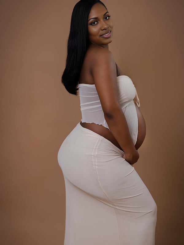 Momnfancy Apricot Lace-up Two Piece Maternity Photoshoot Maxi Dress