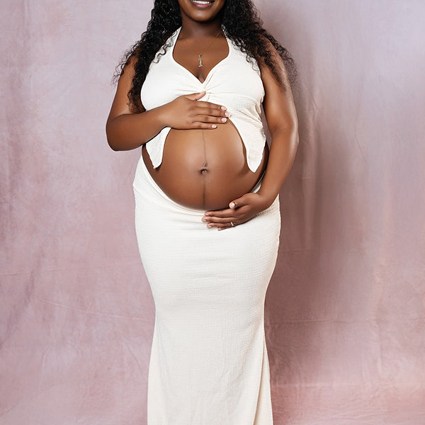 Momnfancy White Halter Neck Two Piece Maternity Photoshoot Maxi Dress