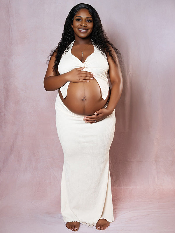 Momnfancy White Halter Neck Two Piece Maternity Photoshoot Maxi Dress