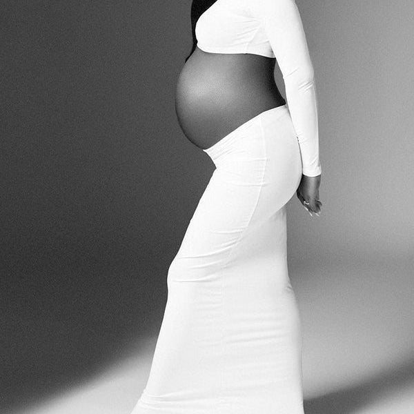 Momnfancy Solid Color Ruffle High Neck Crop Top 2-in-1 Long Sleeve Bodycon Club Party Photoshoot Maternity Maxi Dress