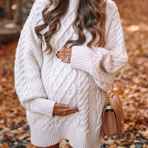 Momnfancy White Oversized Cable Knitting Streetwear Top Mini Maternity Pullover Sweater Dress