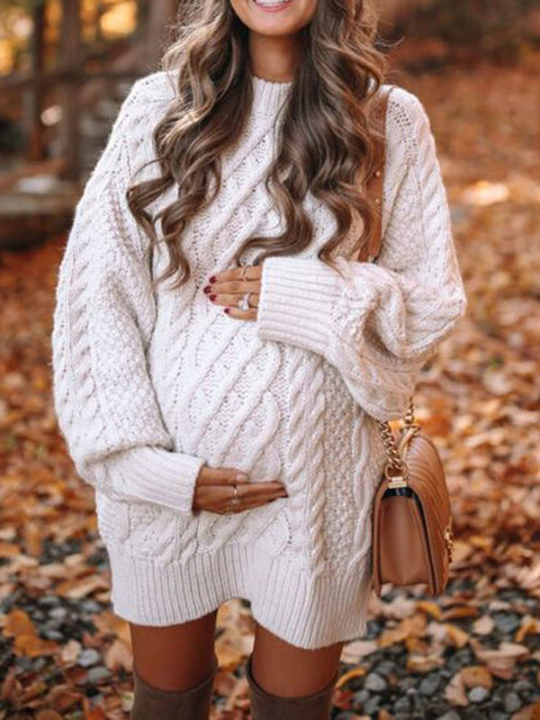 Momnfancy White Oversized Cable Knitting Streetwear Top Mini Maternity Pullover Sweater Dress