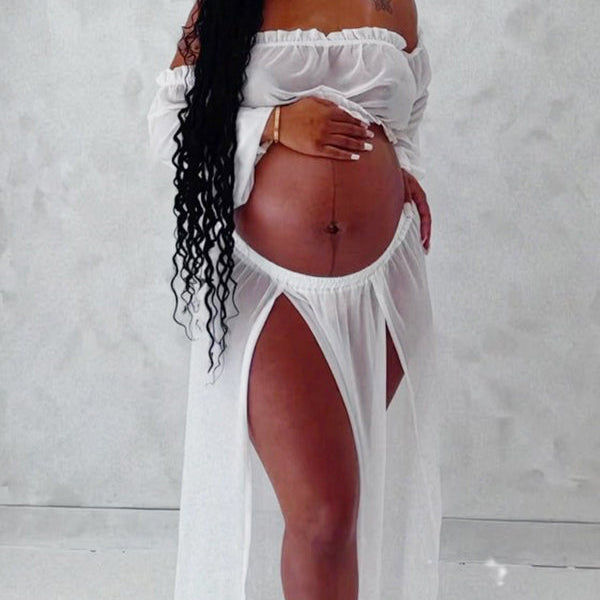 Momnfany Chic White Two Piece Falbala Slits On Both Sides Transparent Off Shoulder Flowy Beach Maternity Photoshoot Maxi Dress