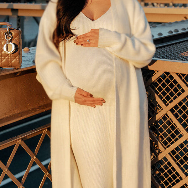 Momnfancy White Knitting V-Neck Bodycon Two Pieces Cardigan Elegant Baby Shower Maternity Maxi Sweater Dress