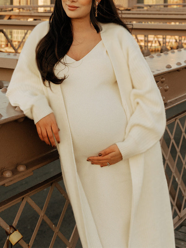 Momnfancy White Knitting  V-Neck Bodycon Two Pieces Cardigan Elegant Baby Shower Maternity Maxi Sweater Dress
