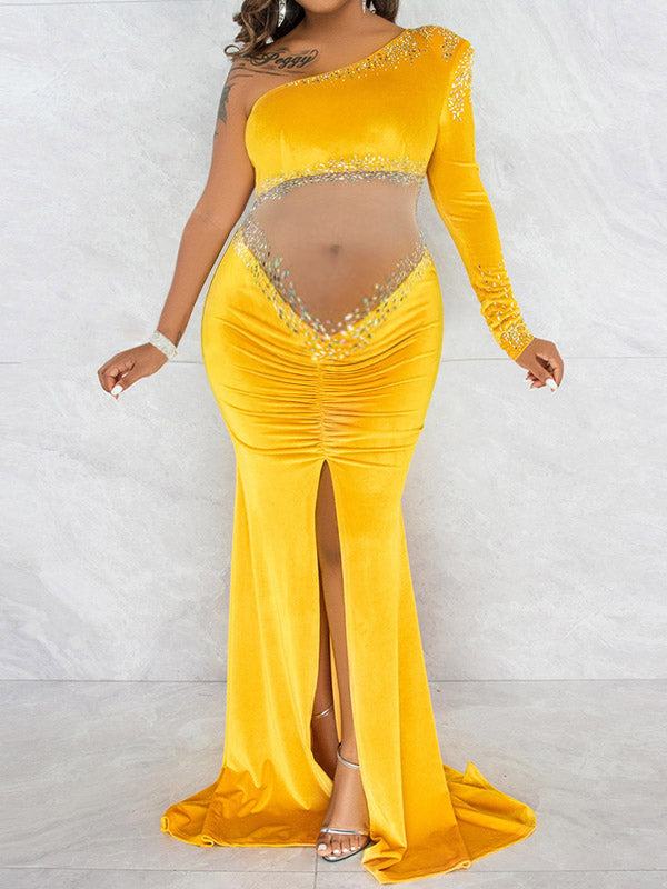Momnfancy Velvet Side Slit Rhinestones Sparkly Transparent Party Evening Gown Baby Shower Maternity Maxi Dress