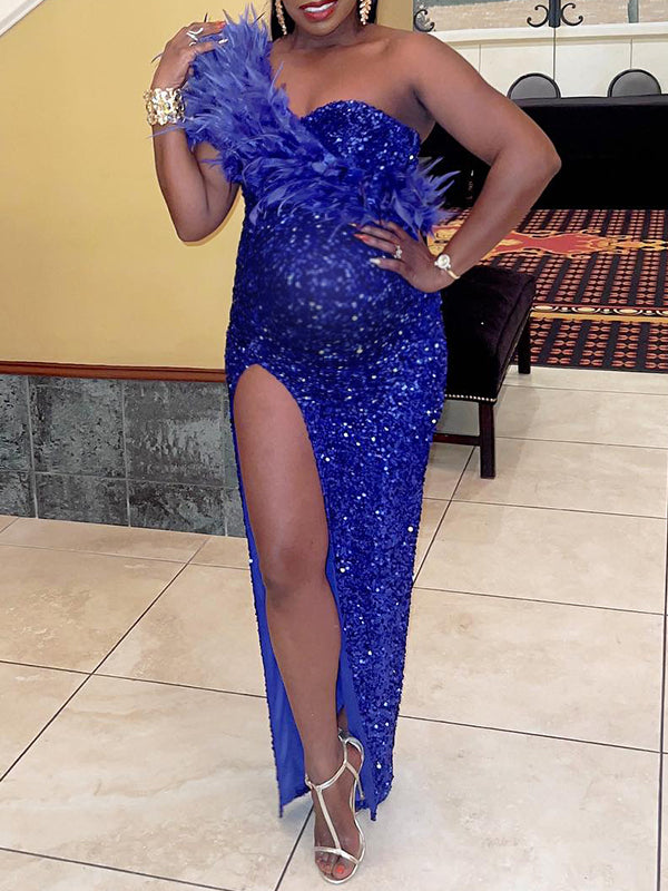 Momnfancy Sequin Feather Split One Shoulder Evening Babyshower Maternity Maxi Dress