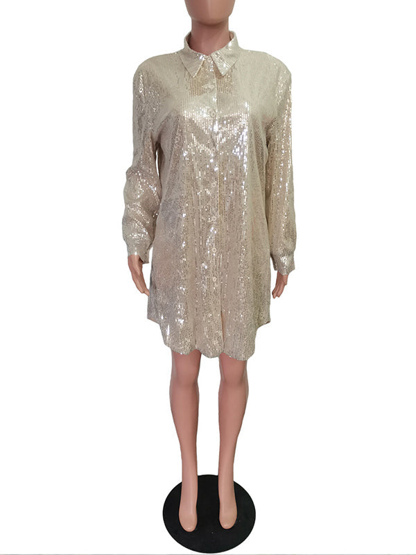 Momnfancy Sequin Button Down Shirt Lapel Sparkle Glitter Tunic Tops Loose Blouse Babyshower Maternity Mini Dress