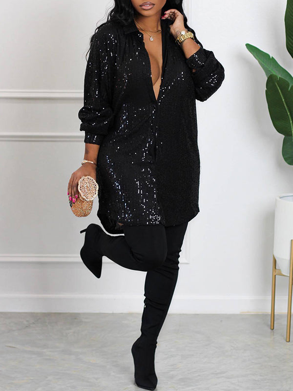 Momnfancy Sequin Button Down Shirt Lapel Sparkle Glitter Tunic Tops Loose Blouse Babyshower Maternity Mini Dress