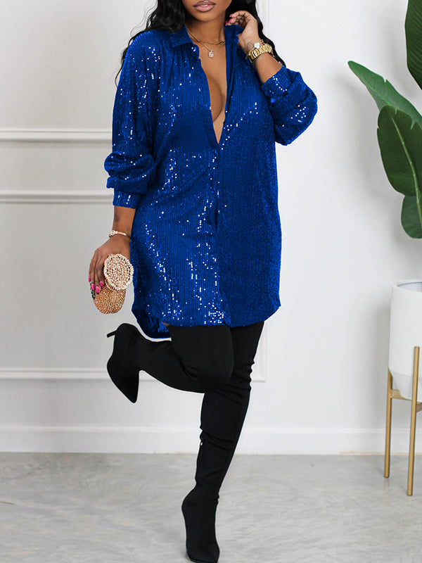 Momnfancy Sequin Button Down Shirt Lapel Sparkle Glitter Tunic Tops Loose Blouse Babyshower Maternity Mini Dress