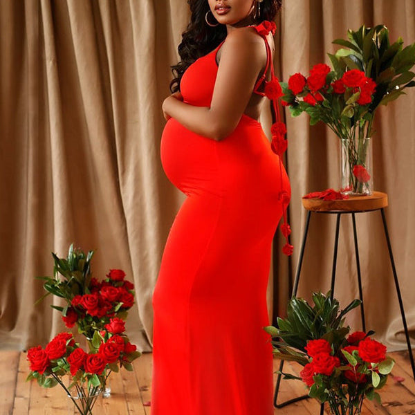 Momnfancy Red Backless 3D Flowers Photoshoot Maternity Maxi Dress