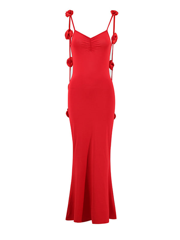 Momnfancy Red Backless 3D Flowers Photoshoot Maternity Maxi Dress