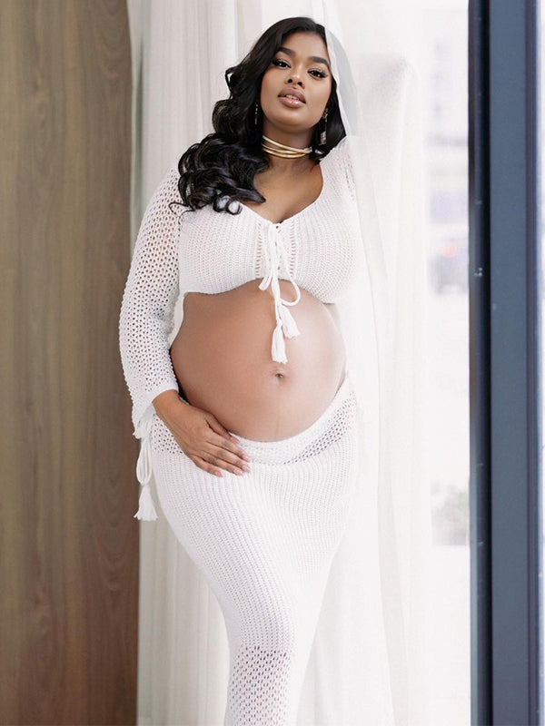 Momnfancy White Drawstring Crop Knitting 2-in-1 Photoshoot Maternity Maxi Dress